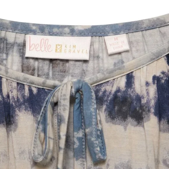 BELLE Kim Gravel Peasant Top Medium Womens Stretch Blue Gray Tie Dye Tassels - Picture 2 of 6